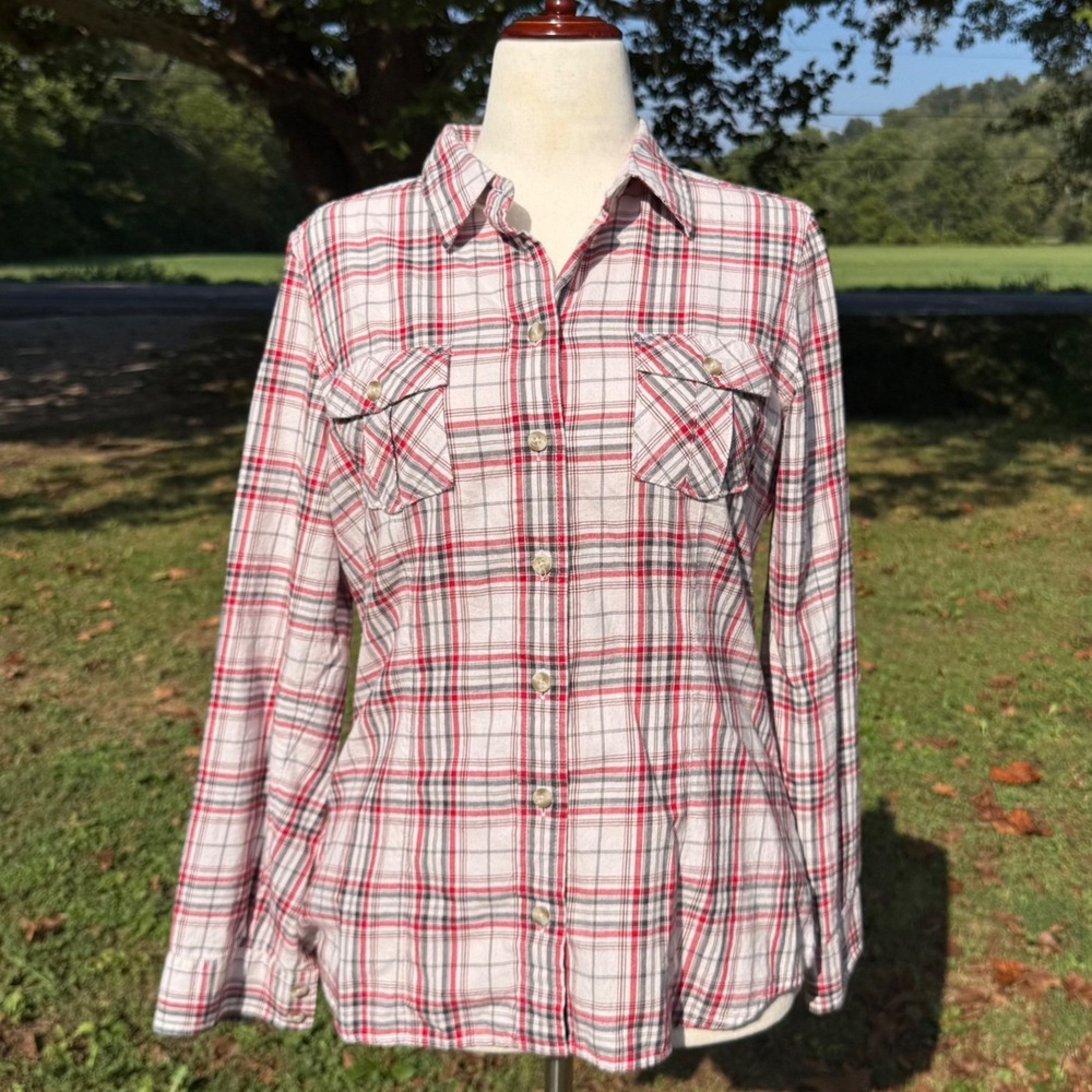 Eddie Bauer Women Large Red White Plaid Button Down 100% Cotton LS Shirt Outdoor